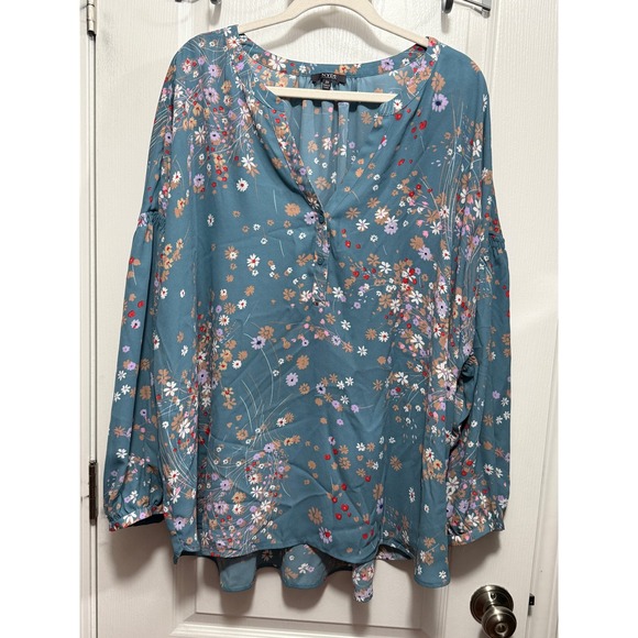 NYDJ Womens Plus Size 3X Teal Floral V-Neck 3/4 Sleeve Tunic Blouse‎ cottagecore - Picture 16 of 16